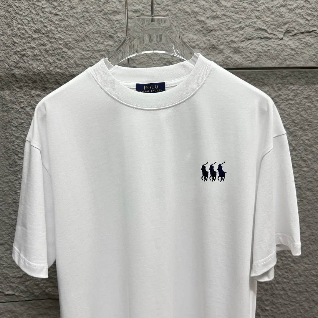 P150 Polo* Ralph Lauren 2025 spring and summer new style Classic three little pony embroidery Customized double yarn plain cotton fabric Short-sleeved T-shirt Uniform for men and women Color: black white Size: S (90-130 pounds) M (120-150 pounds) L (140-165 pounds) XL (160-180 pounds) XXL (180-210 pounds)
